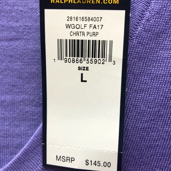 Polo Golf Ralph Lauren v neck sweater. 100% Wool. New with tags. Large. Purple - Picture 3 of 4